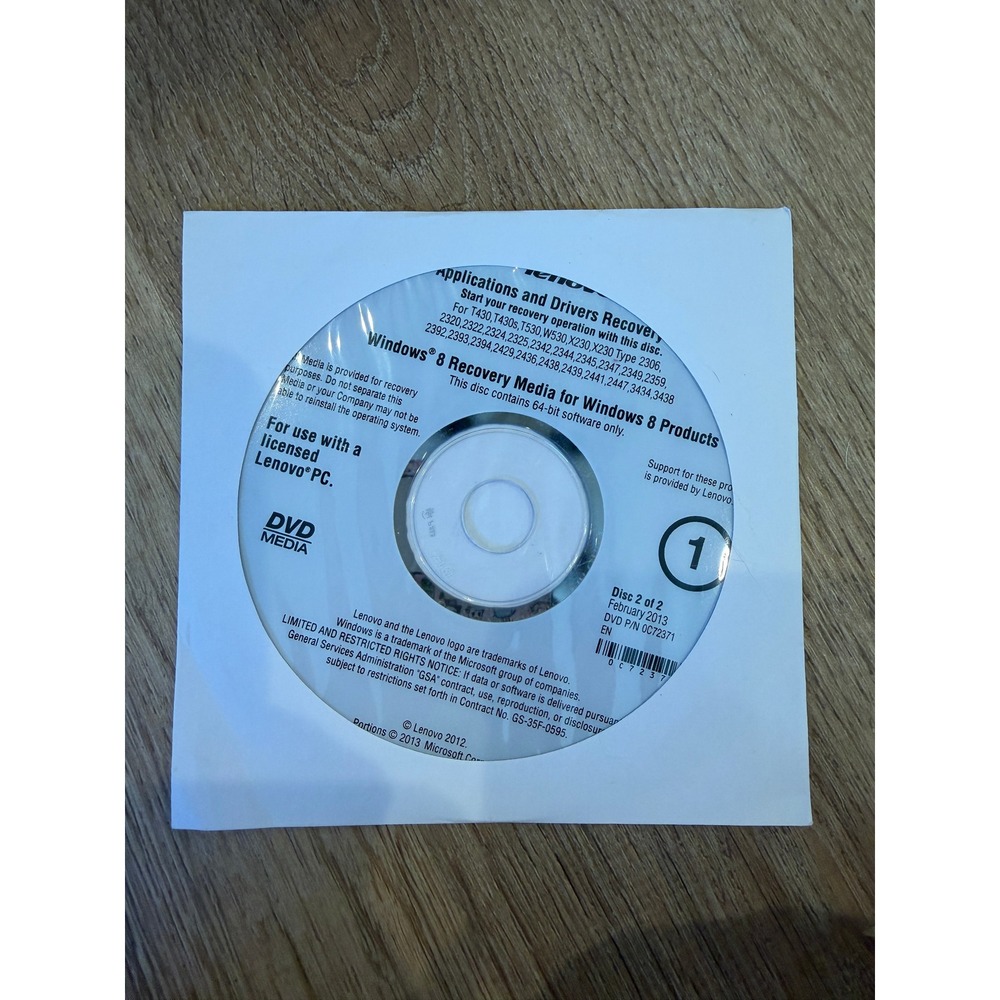 Lenovo Windows 8 Recovery Media Applications Drivers DVD Disc 2 P/N 0C72371 T430